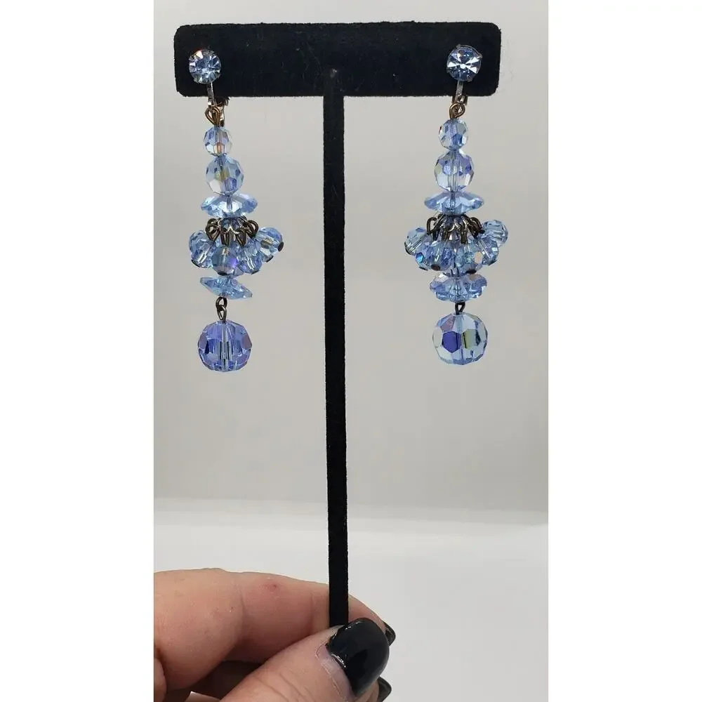 Vintage Earrings Blue Crystal & Rhinestone Dramatic Long Dangle Chacha Clip On